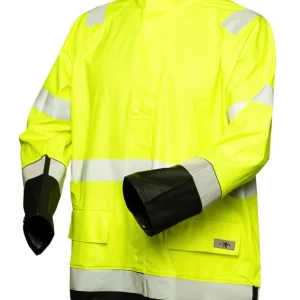 Huomiovärinen sadeasusetti kelta/musta EN 20471/EN 343 - 4308